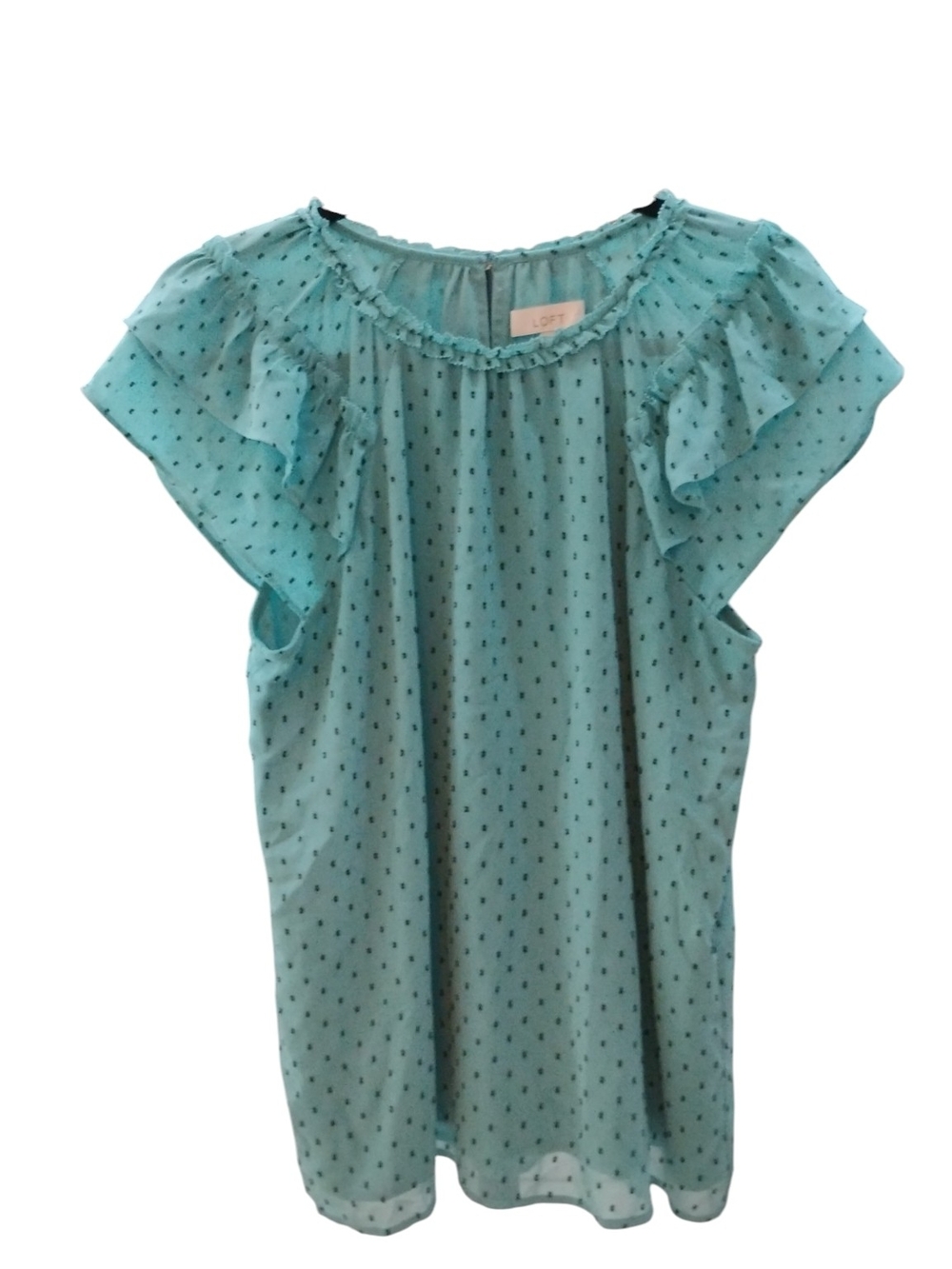 LOFT Aqua Polka Dot Ruffle Sleeve Blouse SZ M